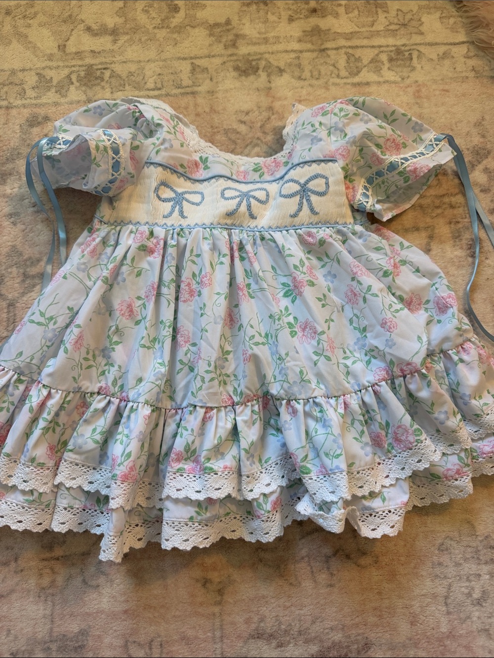 Girls Floral Smocked Blue Bow Dress